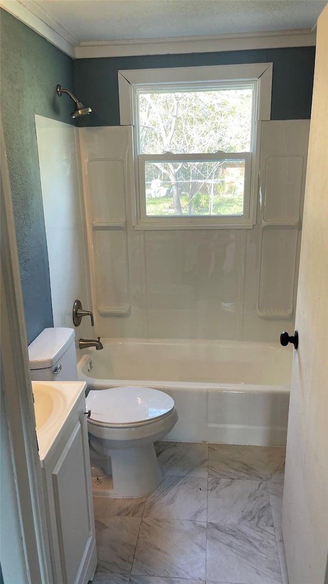 full bathroom featuring vanity, toilet, and bathtub / shower combination