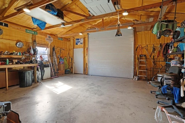 garage with a workshop area