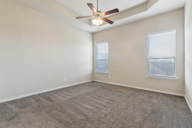 spare room featuring carpet floors, a raised ceiling, and ceiling fan