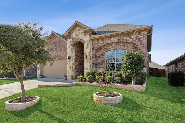 view of front facade with a garage and a front lawn