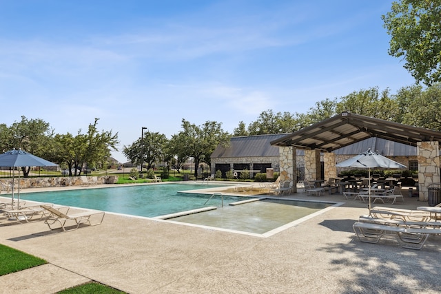 view of pool featuring a patio