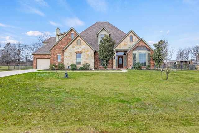 craftsman-style house with a garage and a front lawn