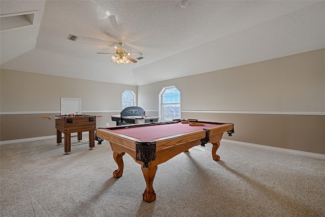 rec room with lofted ceiling, a raised ceiling, billiards, carpet flooring, and ceiling fan