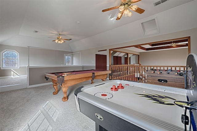 playroom featuring carpet flooring, ceiling fan, lofted ceiling, and billiards