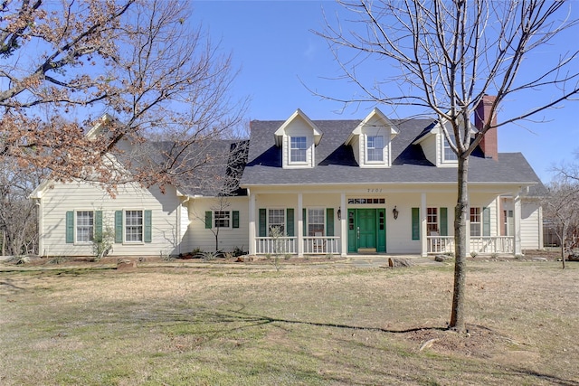 cape cod home with roof with shingles, a porch, a chimney, and a front yard