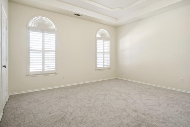 carpeted spare room featuring plenty of natural light, a raised ceiling, visible vents, and baseboards