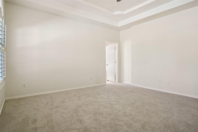 empty room featuring ceiling fan, carpet, baseboards, and a raised ceiling