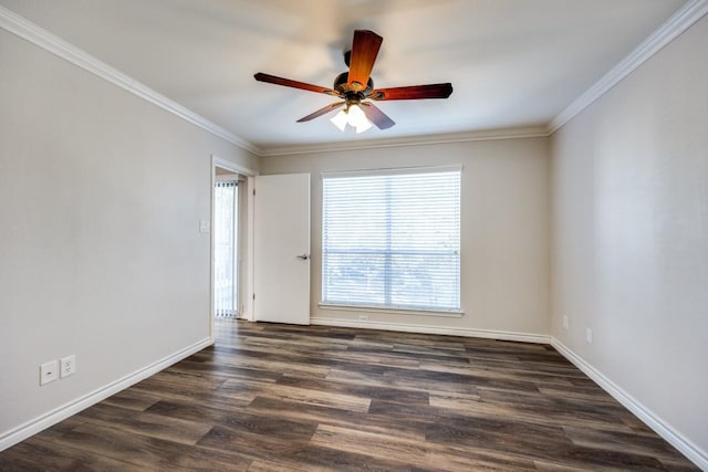 spare room featuring ceiling fan, ornamental molding, and dark hardwood / wood-style flooring