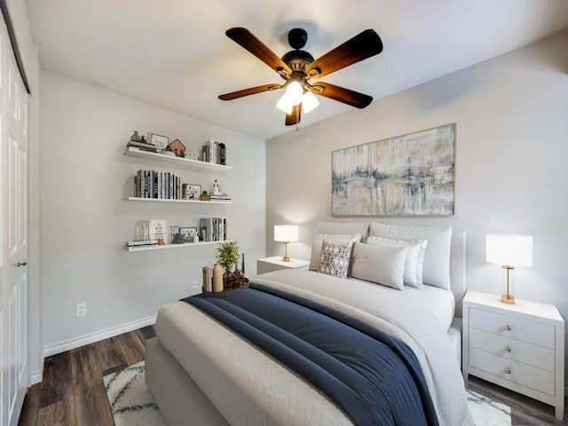 bedroom featuring ceiling fan, a closet, and dark hardwood / wood-style flooring