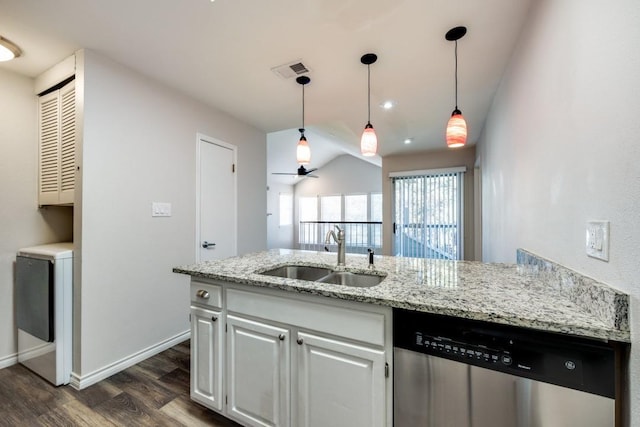 kitchen with ceiling fan, dishwasher, sink, light stone countertops, and white cabinets