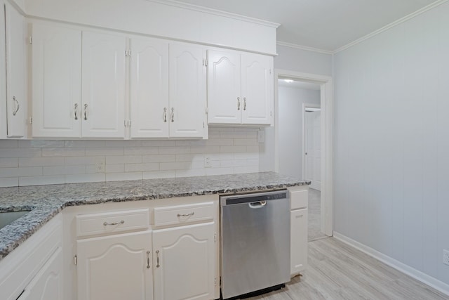 kitchen featuring light stone countertops, white cabinets, crown molding, light hardwood / wood-style flooring, and dishwasher