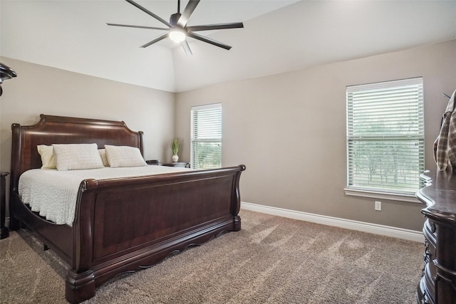 bedroom with carpet flooring, ceiling fan, and lofted ceiling