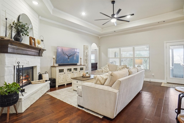 living room featuring dark hardwood / wood-style flooring, a raised ceiling, and a healthy amount of sunlight