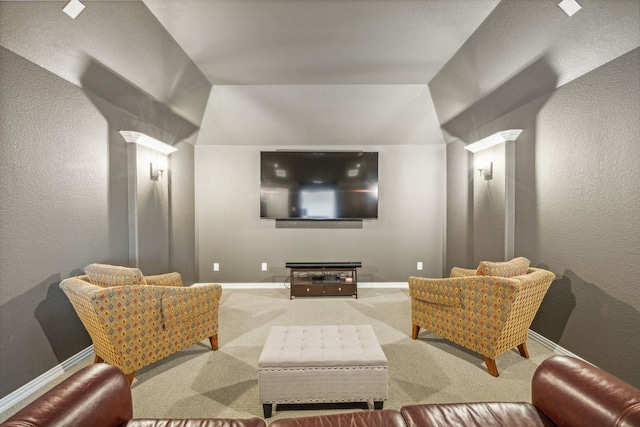 carpeted home theater room featuring baseboards, a textured wall, and ornate columns