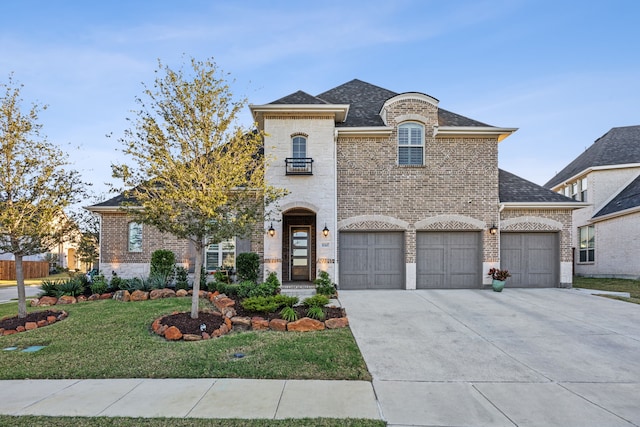 french country home featuring a front lawn and a garage