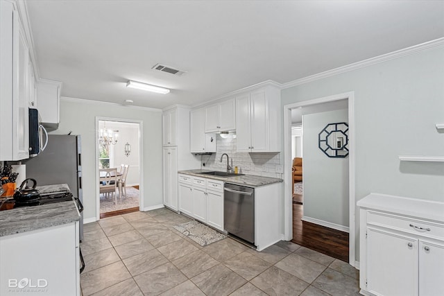 kitchen with white cabinets, crown molding, sink, decorative backsplash, and stainless steel appliances