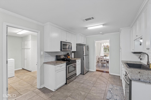 kitchen featuring decorative backsplash, light stone counters, stainless steel appliances, sink, and white cabinetry