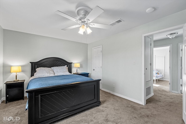 carpeted bedroom featuring ceiling fan