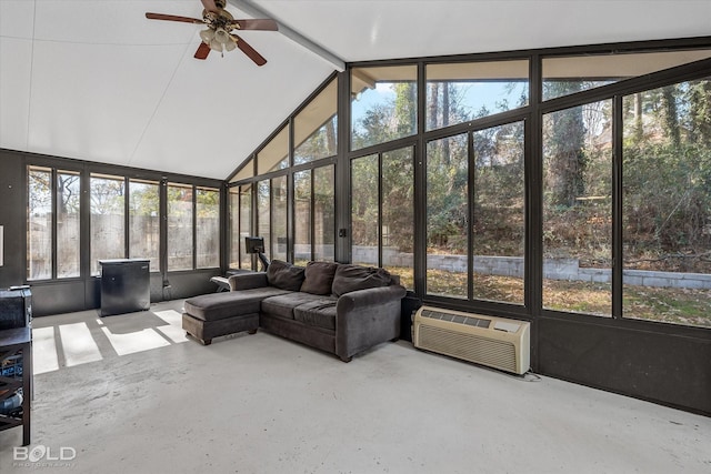 unfurnished sunroom with a wall mounted air conditioner, ceiling fan, and vaulted ceiling with beams