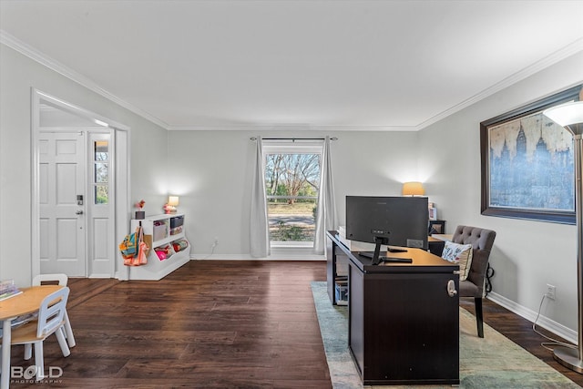 office space with crown molding and dark hardwood / wood-style floors