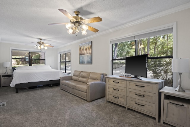 bedroom with multiple windows, ceiling fan, and carpet