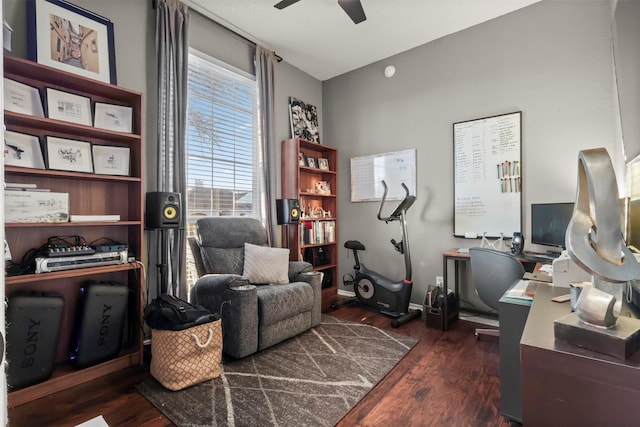 office space with dark wood-type flooring and ceiling fan