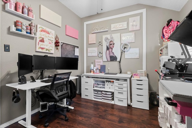 office area with lofted ceiling and dark hardwood / wood-style flooring