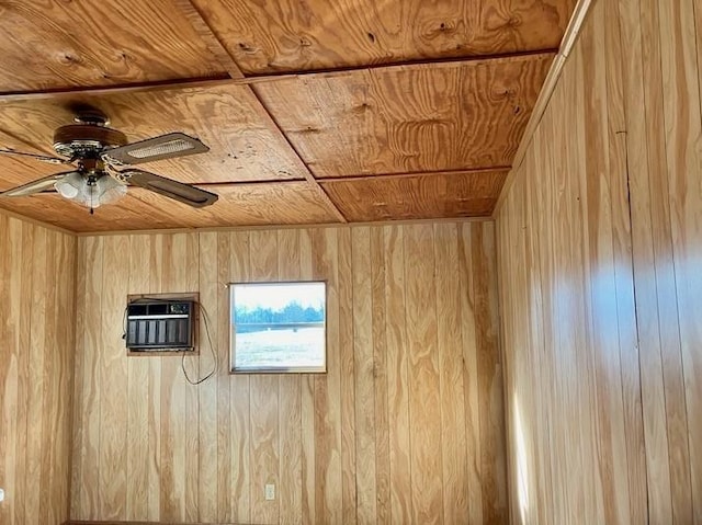 room details featuring a wall mounted AC, wood ceiling, and wooden walls