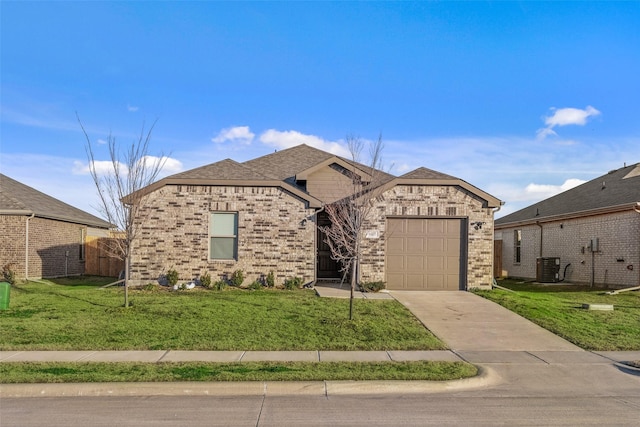 french country inspired facade with cooling unit, a garage, and a front yard