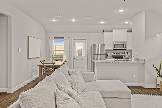 living room featuring dark wood-type flooring and vaulted ceiling