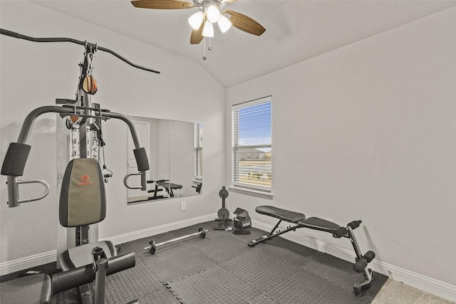 exercise area featuring lofted ceiling and ceiling fan