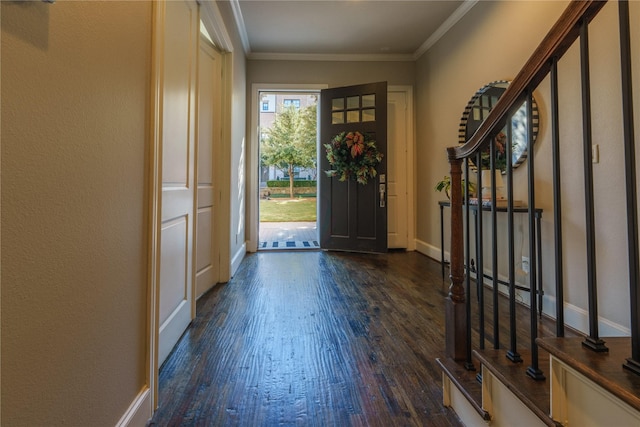 entryway with dark wood-type flooring and crown molding