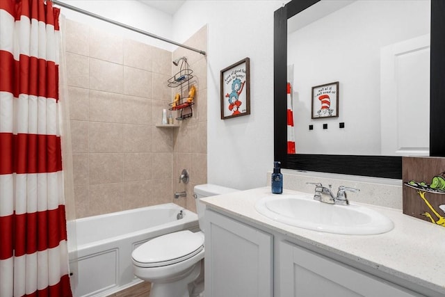 full bathroom featuring toilet, vanity, and shower / tub combo with curtain