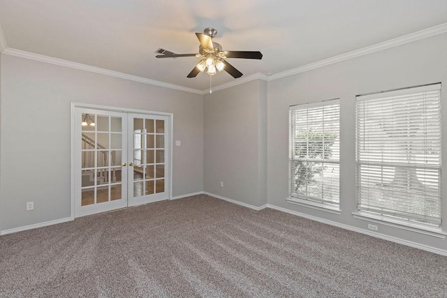 5400 Belle Chasse Ln, Frisco, TX 75035 - carpeted spare room with french doors, a ceiling fan, crown molding, and baseboards