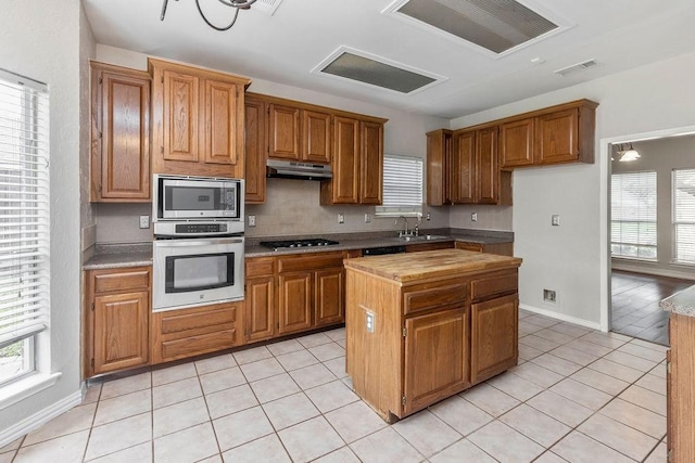 5400 Belle Chasse Ln, Frisco, TX 75035 - kitchen with stainless steel appliances, under cabinet range hood, light tile patterned flooring, and plenty of natural light
