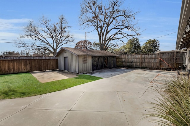 exterior space with a shed