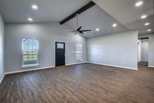 unfurnished living room featuring beam ceiling, dark hardwood / wood-style flooring, high vaulted ceiling, and ceiling fan