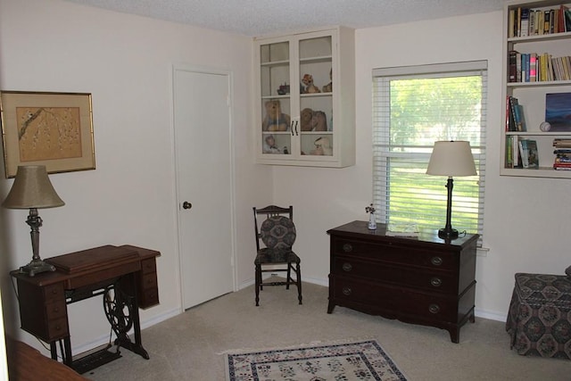 living area with a wealth of natural light, light carpet, and a textured ceiling