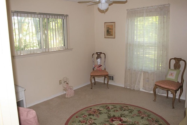 sitting room with ceiling fan and carpet floors