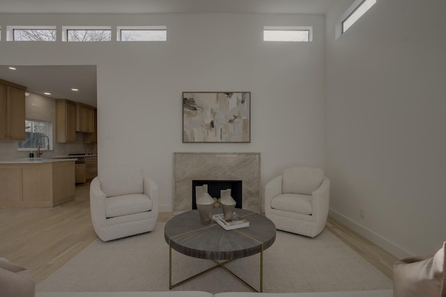 living room with a premium fireplace, sink, and light hardwood / wood-style floors