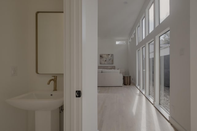 bathroom featuring wood-type flooring and sink