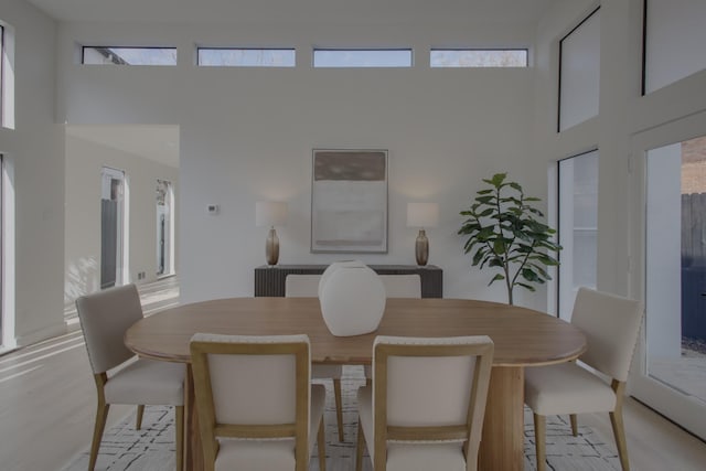 dining room featuring light hardwood / wood-style flooring, a healthy amount of sunlight, and a high ceiling