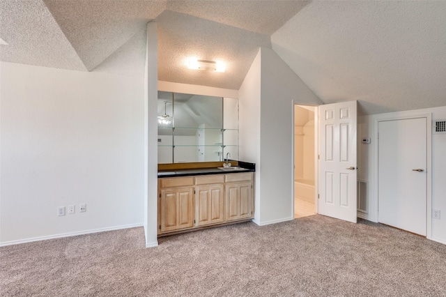 interior space featuring vaulted ceiling and sink