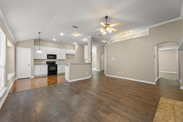 kitchen with pendant lighting, black appliances, white cabinets, ceiling fan, and dark hardwood / wood-style flooring