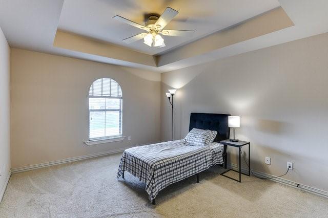 carpeted bedroom with a raised ceiling and ceiling fan