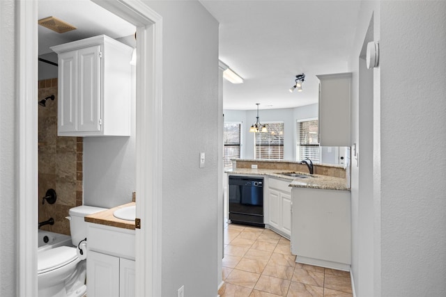 kitchen featuring white cabinets, sink, decorative light fixtures, dishwasher, and a chandelier