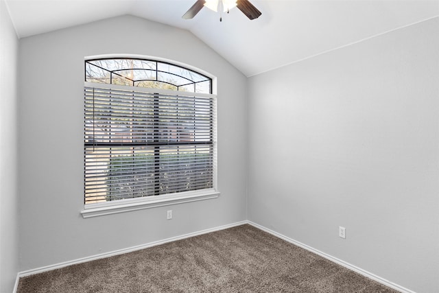 carpeted empty room with ceiling fan and lofted ceiling