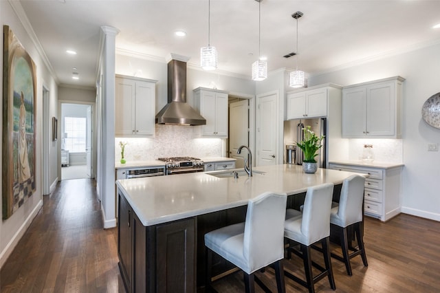 kitchen with stainless steel appliances, sink, wall chimney range hood, and a kitchen island with sink