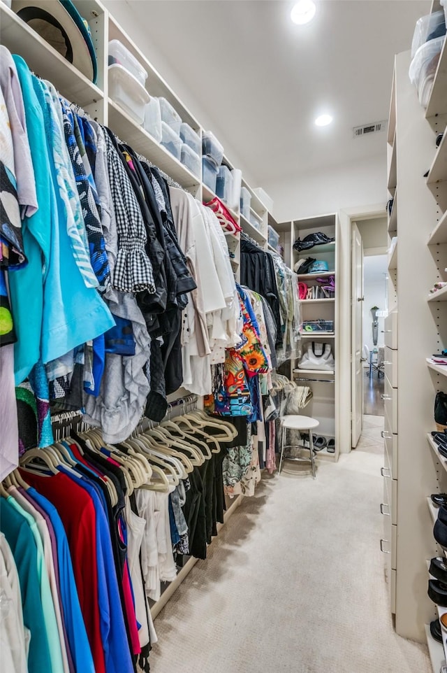 spacious closet featuring light colored carpet