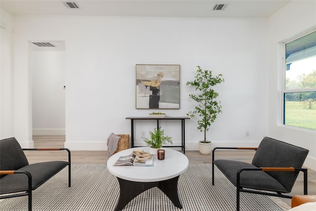 living area with light hardwood / wood-style flooring